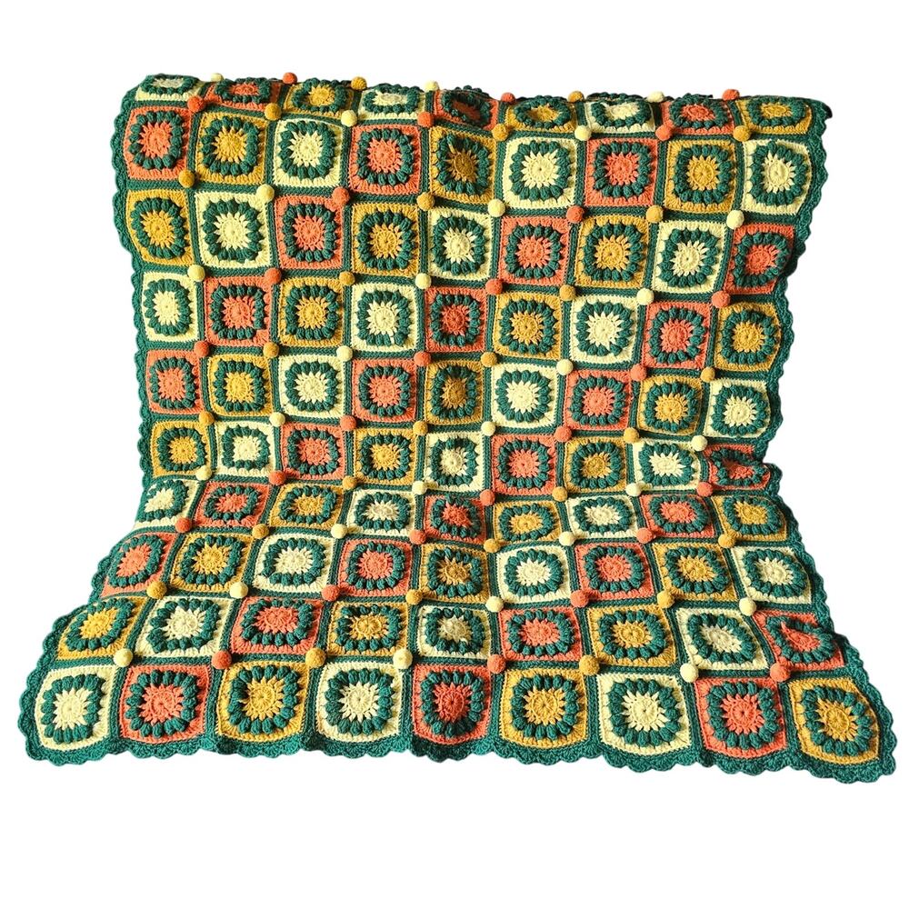 Crochet Granny Square Afghan 4' x 6' Colorful Puff Balls Scalloped Edge Gift